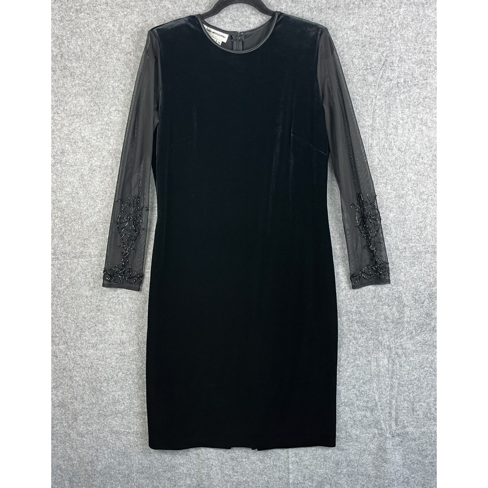 Donna Morgan Velvet Dress Womens 14 Black Sheer Sleeve Beaded Cocktail Classic